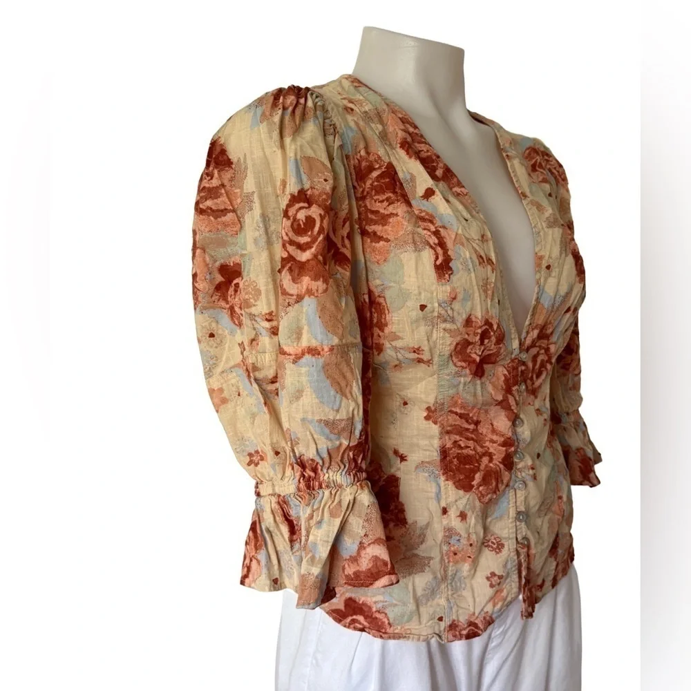 Free People Floral Puff Sleeve Blouse - Cream and Brown